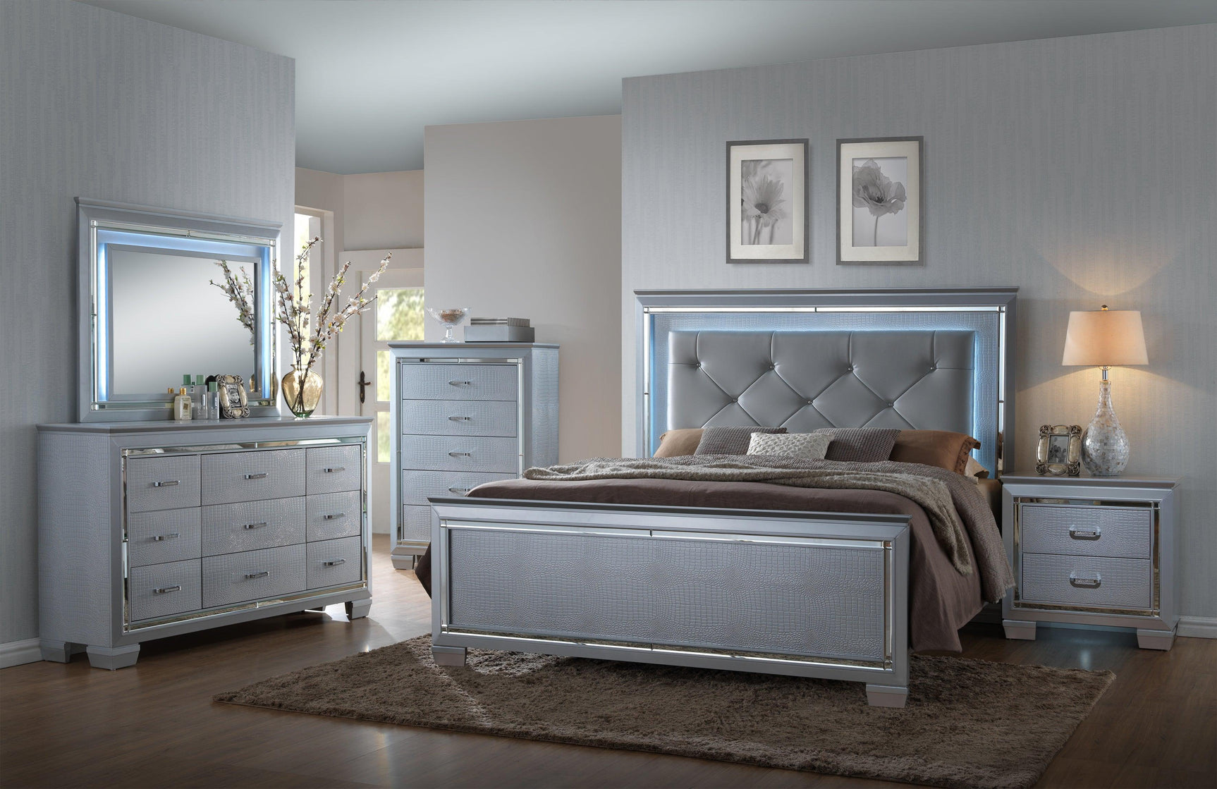 Close-up of Lillian Silver LED tufted faux leather headboard