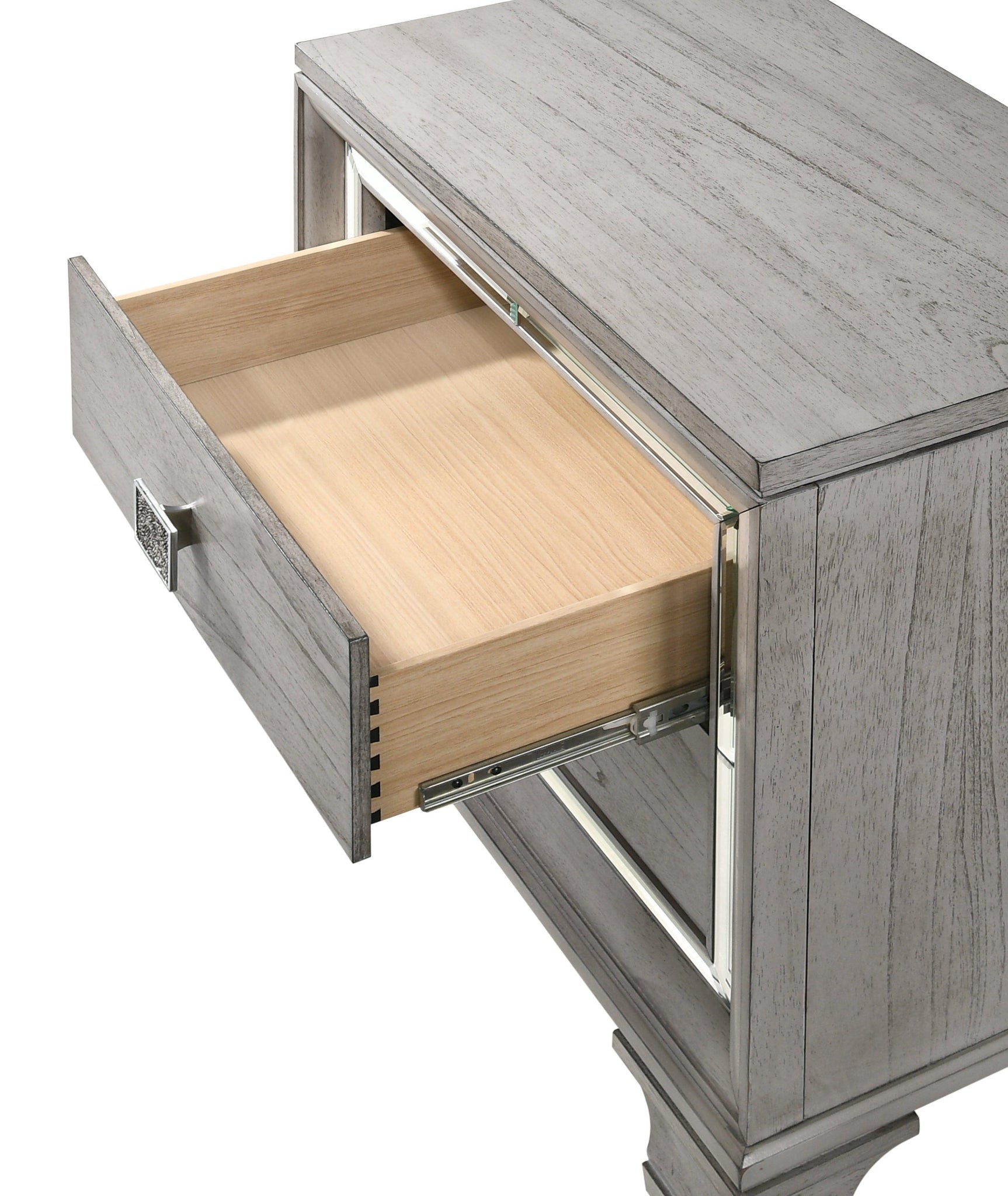 side view of Vail Gray LED Upholstered Panel Bedroom Set nightstand