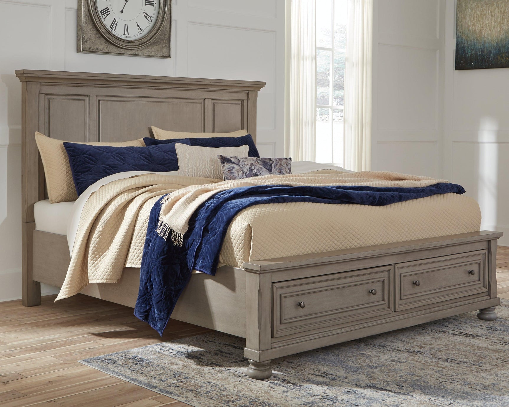 Lettner Light Gray Queen Panel Storage Bed close-up of headboard