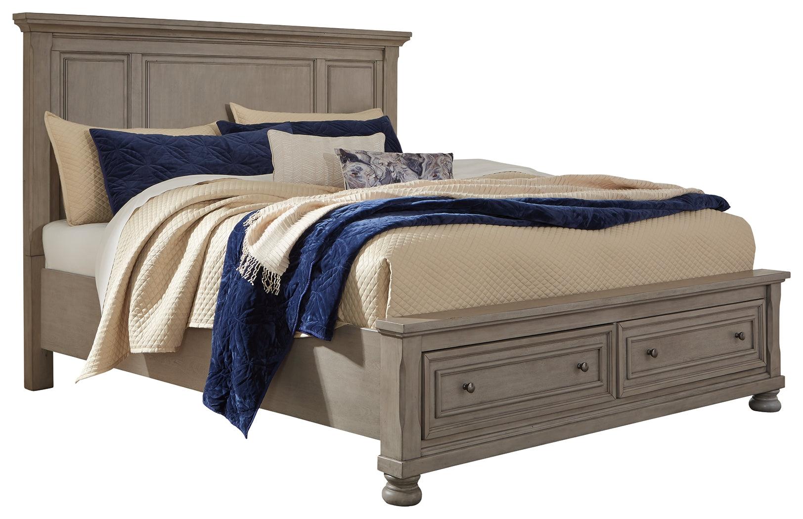 Lettner Light Gray Queen Panel Storage Bed side view showing drawers