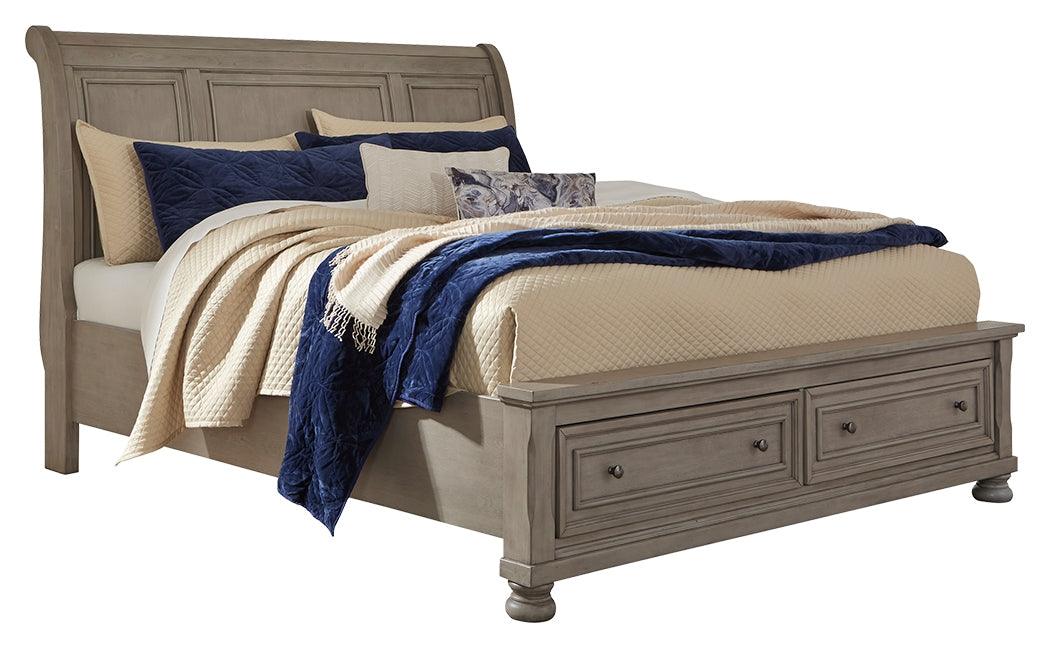 Side view of Lettner Light Gray Queen Sleigh Bed showing drawer detail