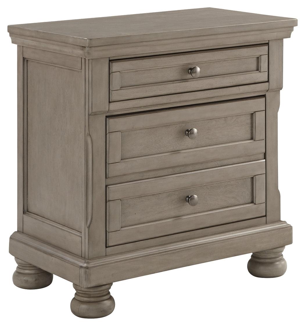 Side angle of Lettner Light Gray Nightstand showing drawers