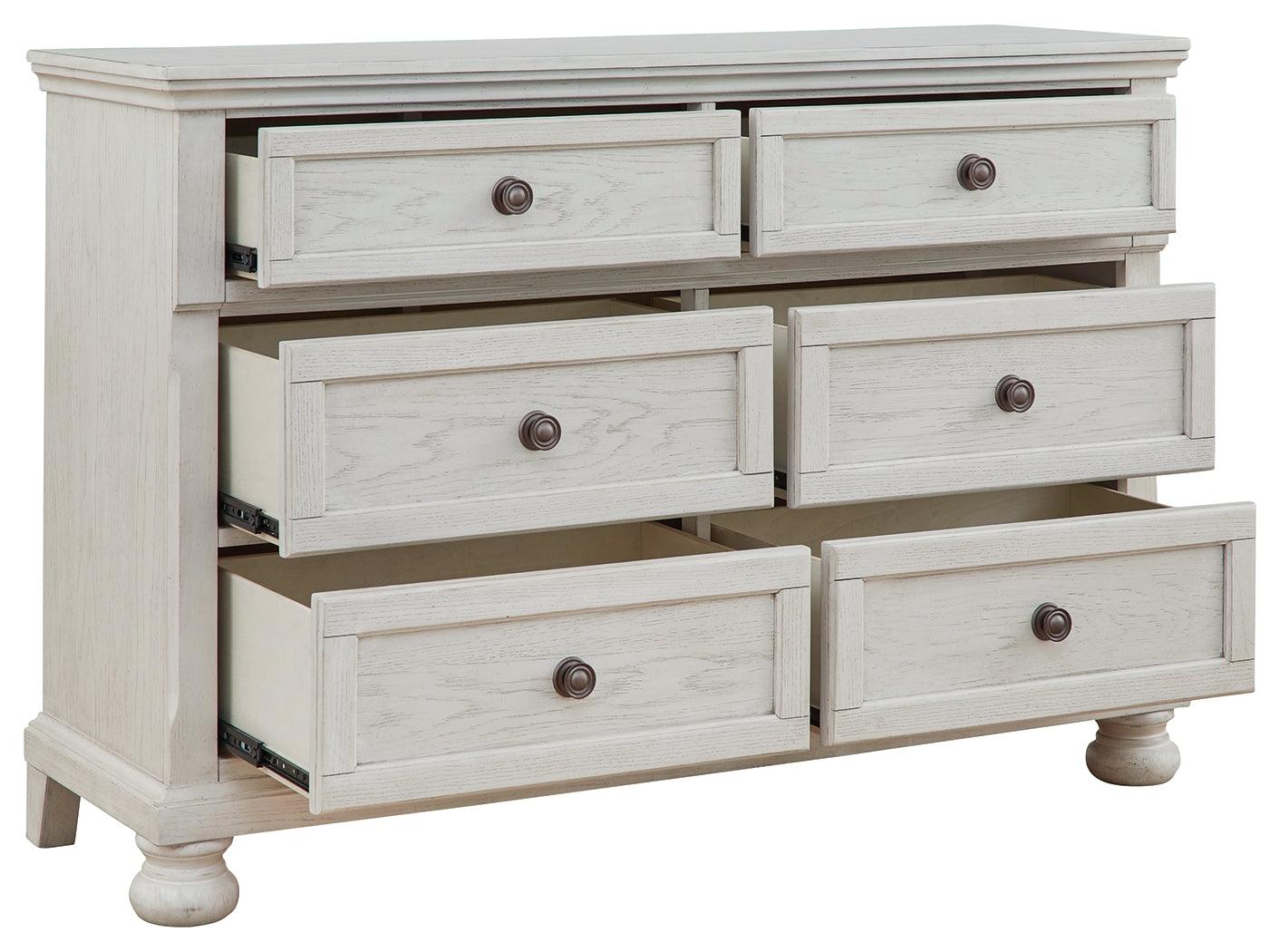 Robbinsdale Antique White Dresser angled open drawer view