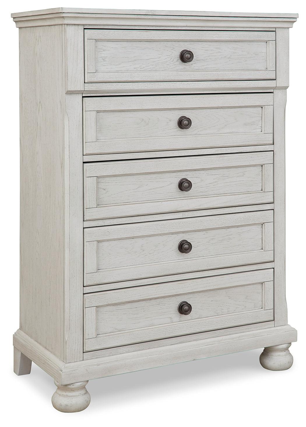 Robbinsdale Antique White Chest of Drawers side angle open drawer