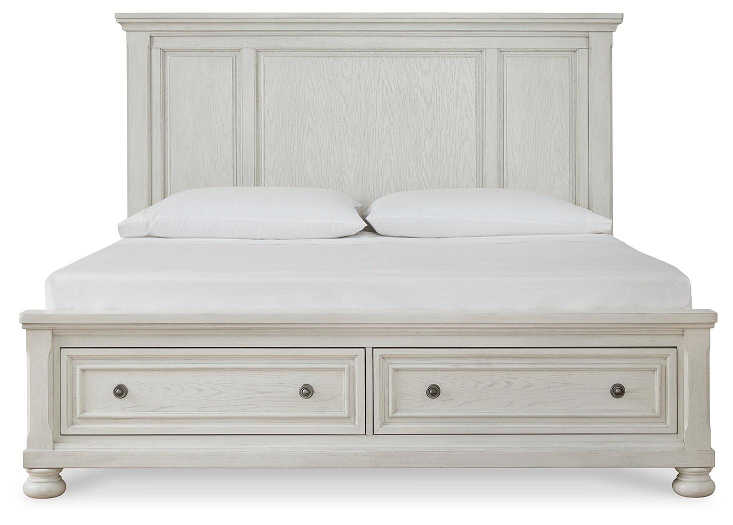 Robbinsdale Antique White Queen Panel Storage Bed side profile