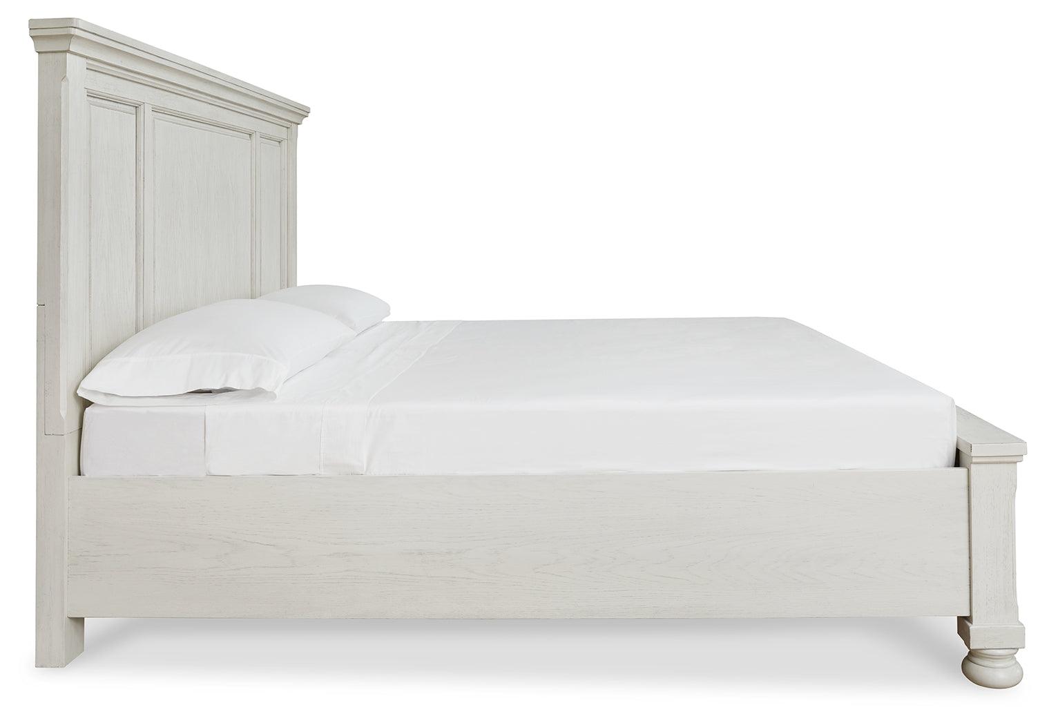 Robbinsdale Antique White King Panel Storage Bed side view