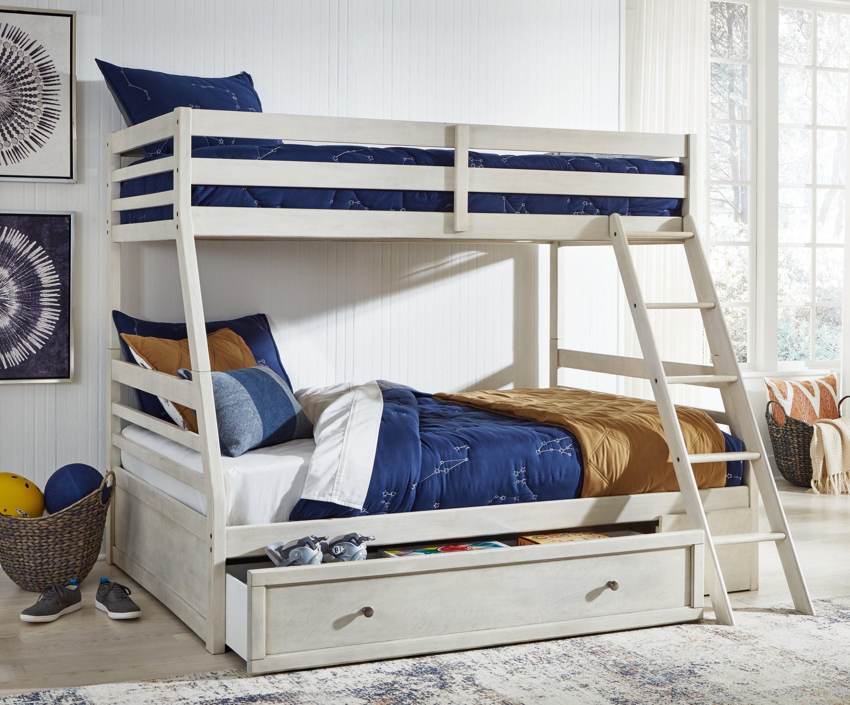 Robbinsdale Antique White Twin Over Full Bunk Bed open storage drawer
