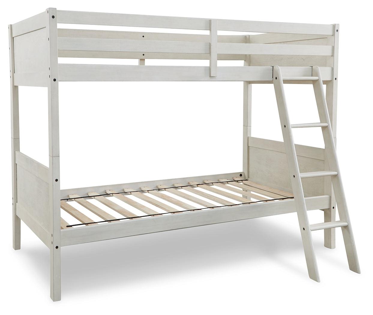 Head-on view of Robbinsdale Antique White Twin-Over-Twin Bunk Bed