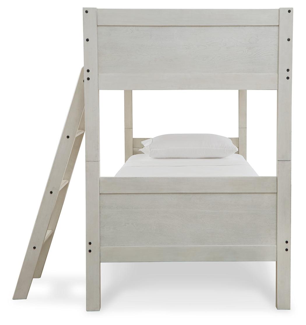 Back view showing structure of Robbinsdale Antique White Twin-Over-Twin Bunk Bed