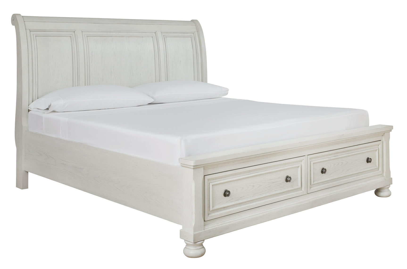 Robbinsdale Antique White King Sleigh Bed with Storage - footboard and drawers detail