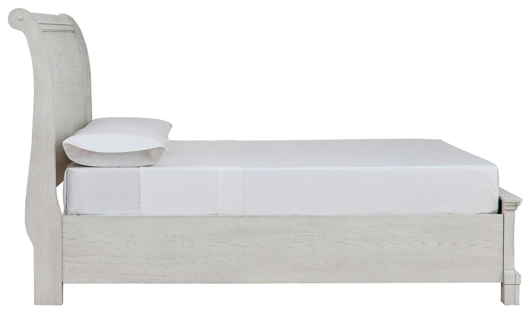 Robbinsdale Antique White Full Sleigh Storage Bed side profile