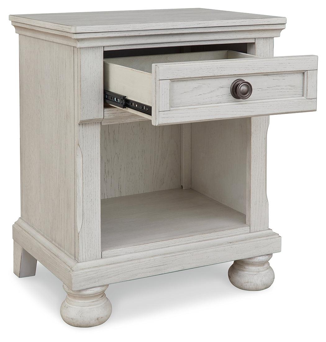 Robbinsdale Antique White Nightstand angled open drawer