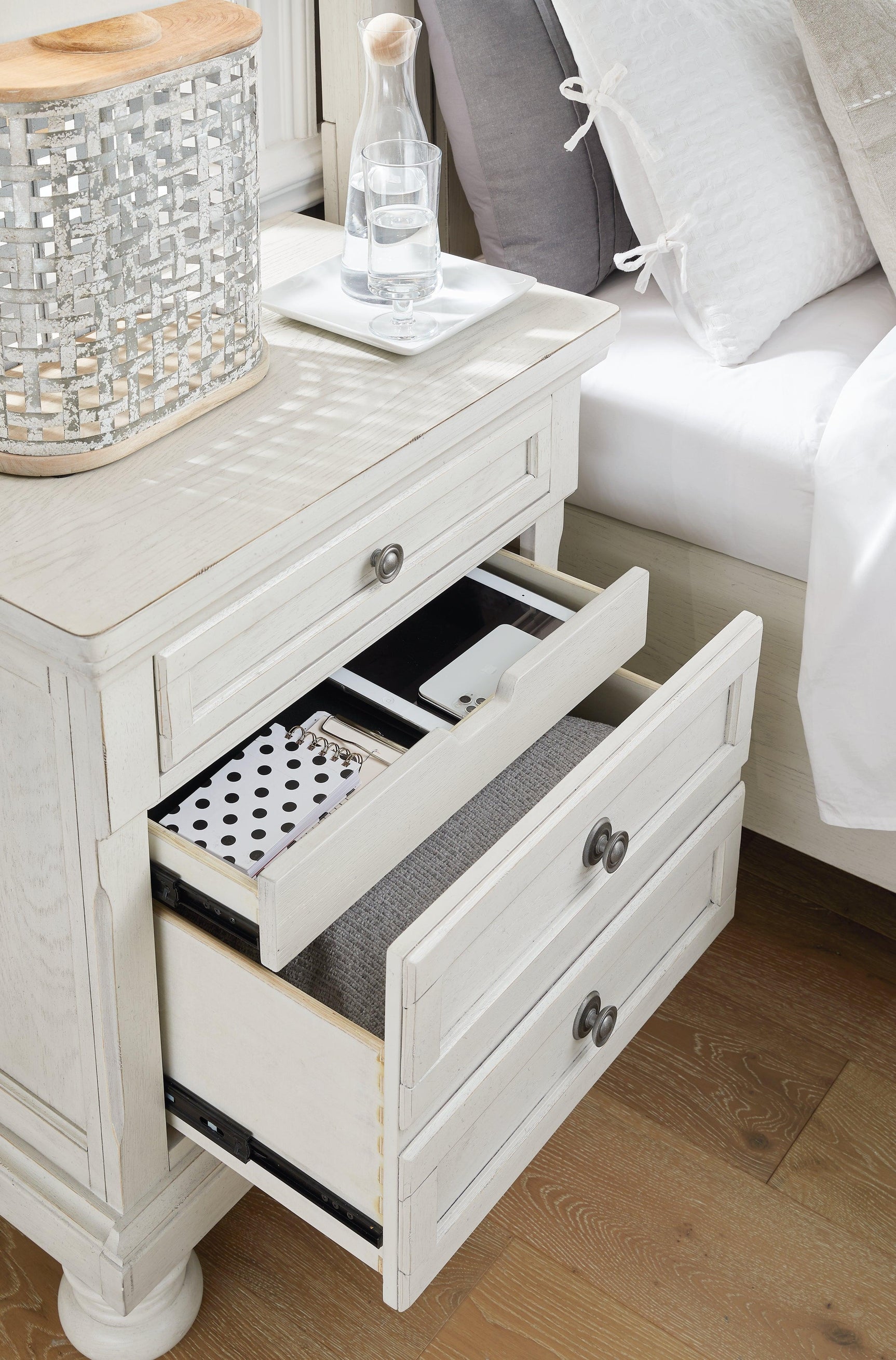 Robbinsdale Antique White Nightstand drawer detail close-up