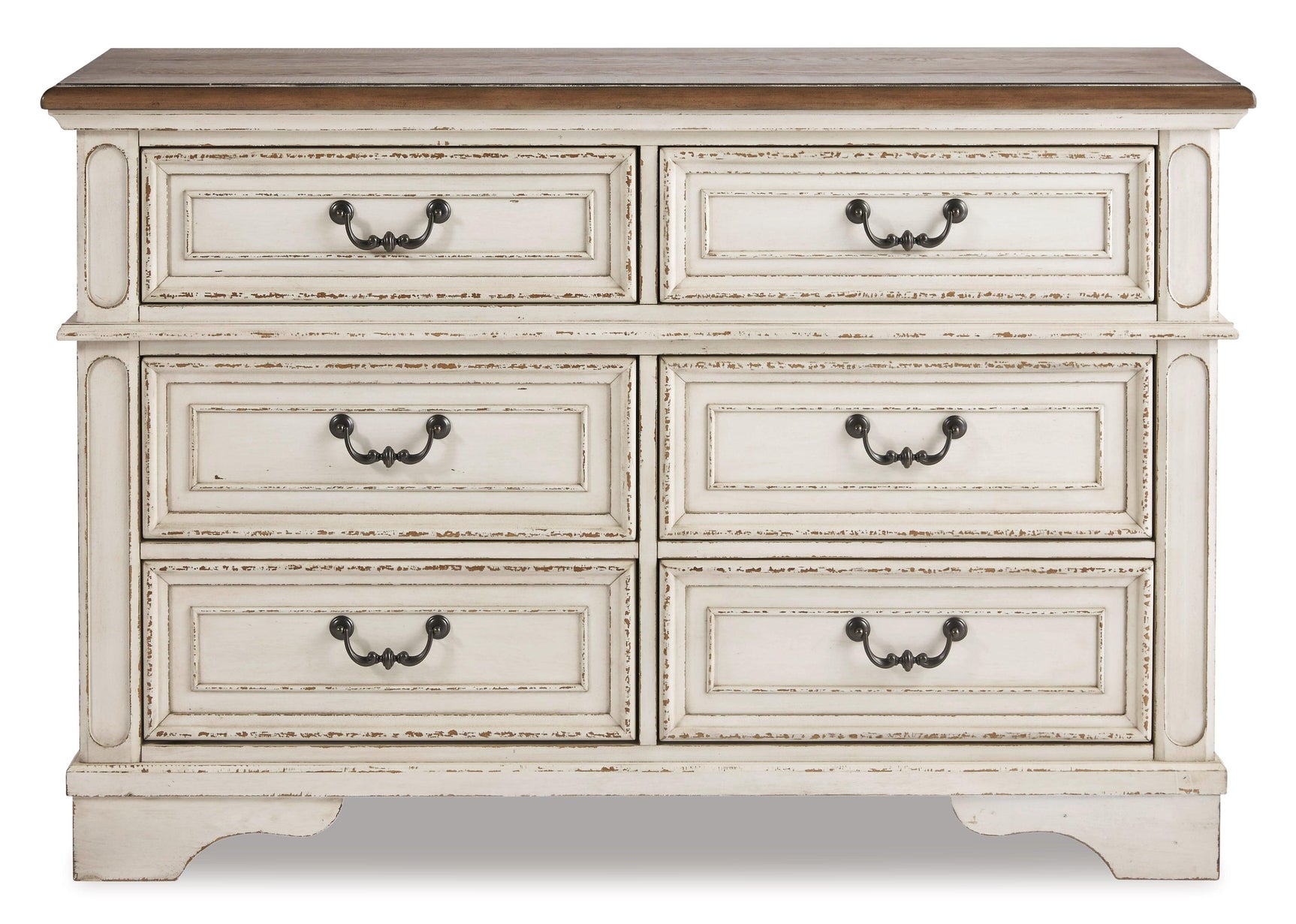 Realyn two-tone dresser head-on view highlighting drawer details