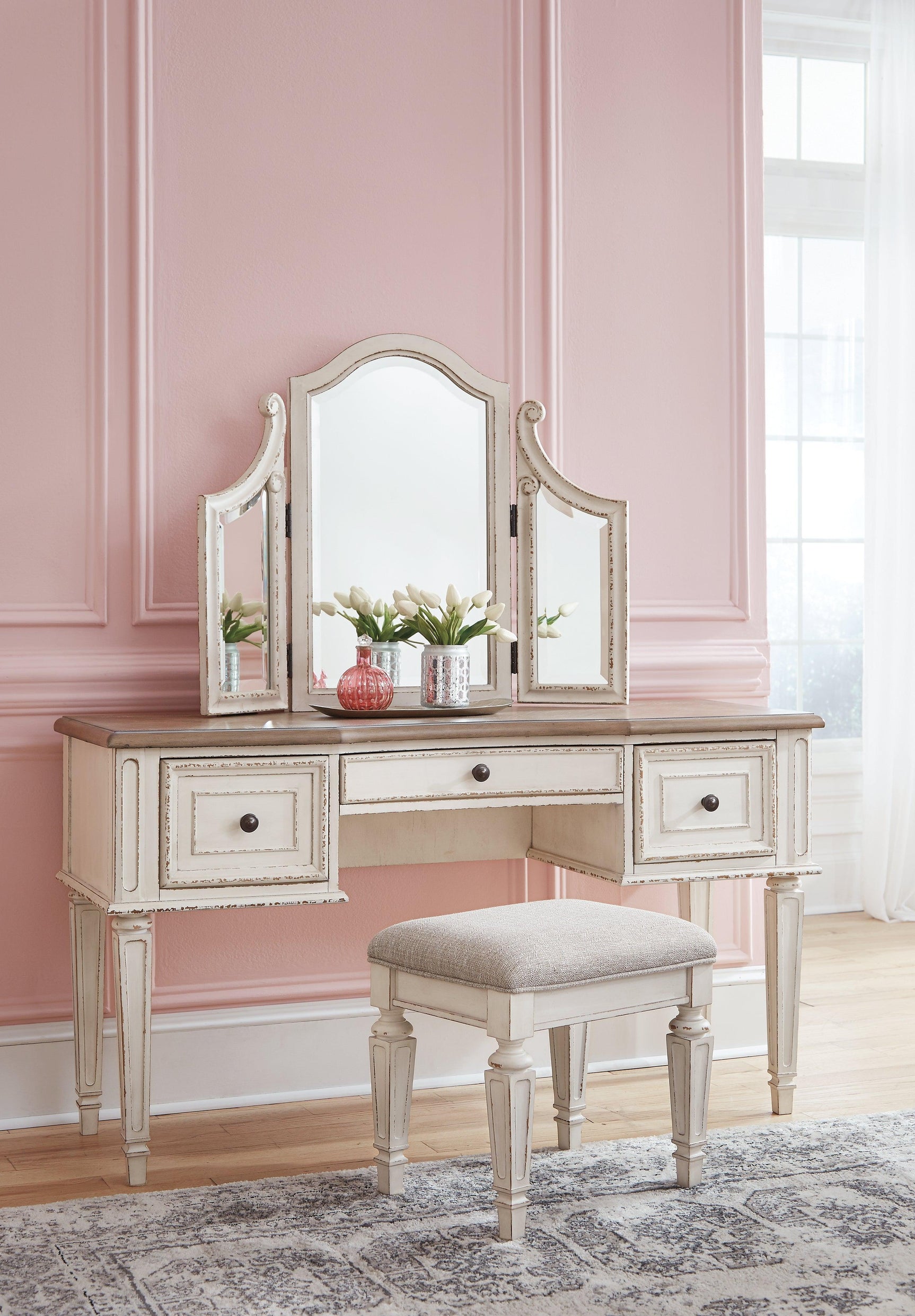 Realyn Two-Tone Vanity full front view with stool