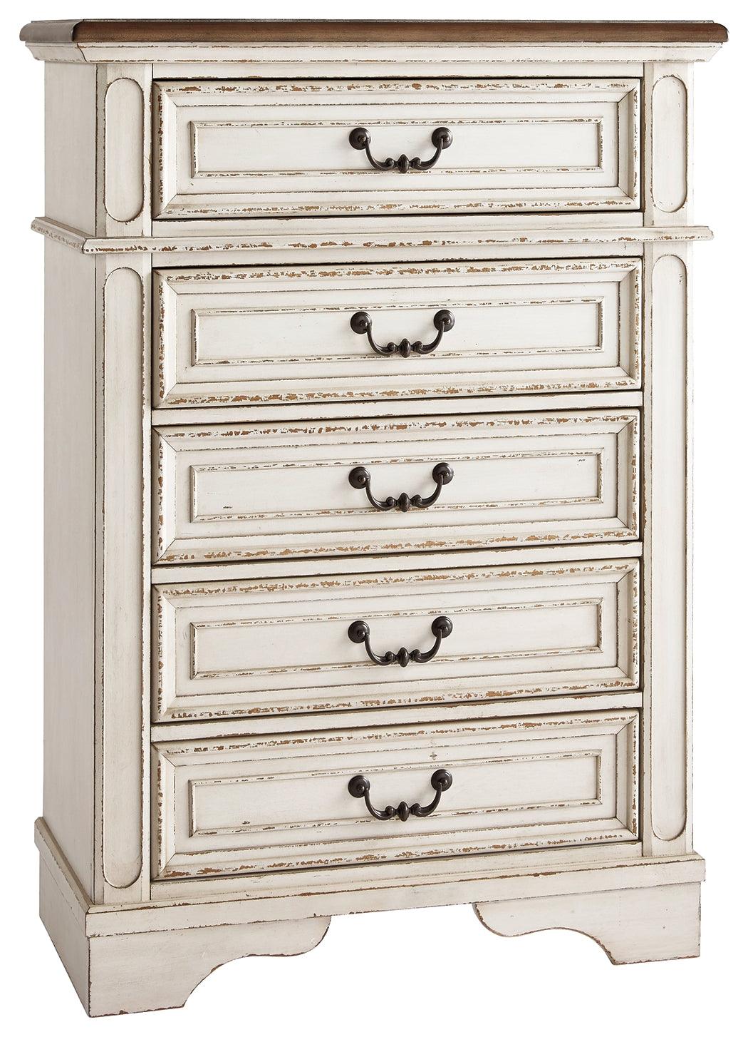 Realyn Chest of Drawers close-up of hardware and chipped white finish