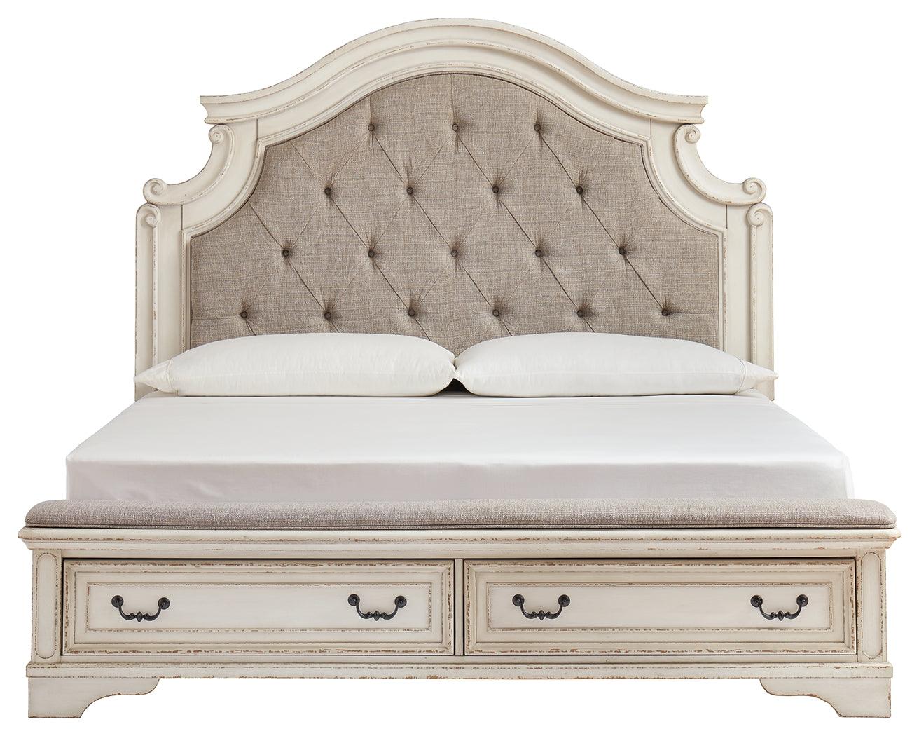 Realyn Two-Tone King Upholstered Bed footboard with drawers