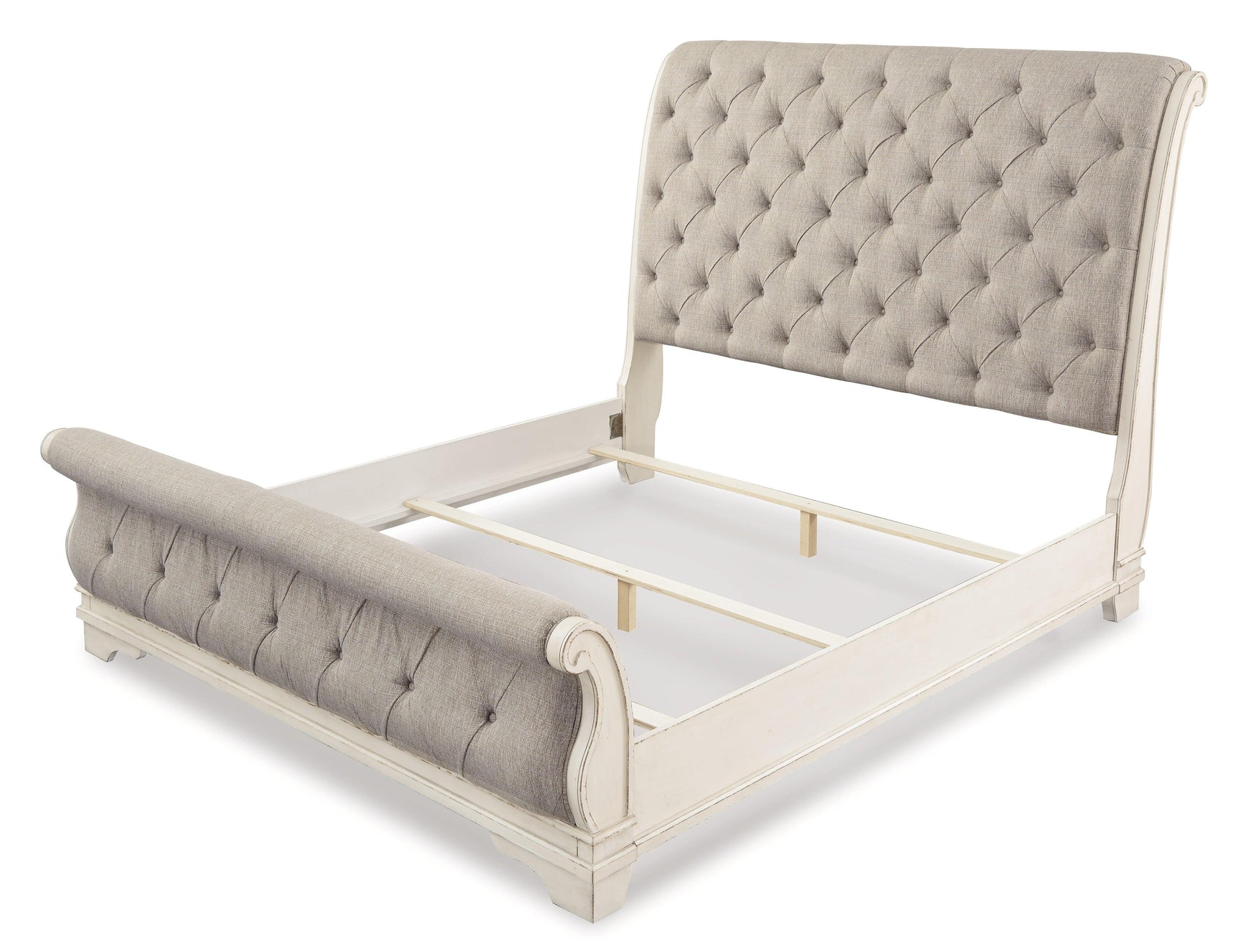 Realyn Chipped White Queen Upholstered Sleigh Bed angled headboard close-up