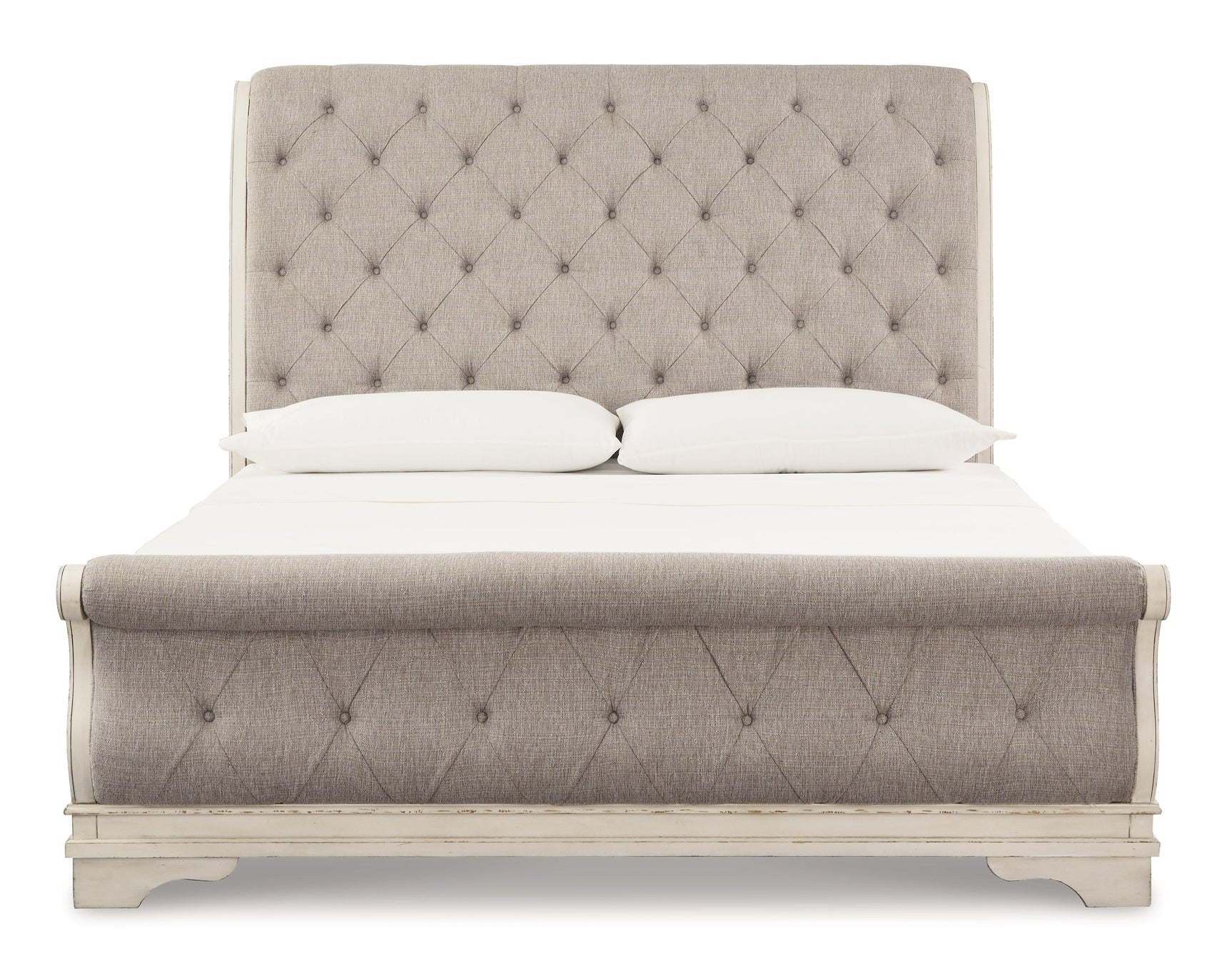 Realyn Chipped White Queen Upholstered Sleigh Bed head-on view