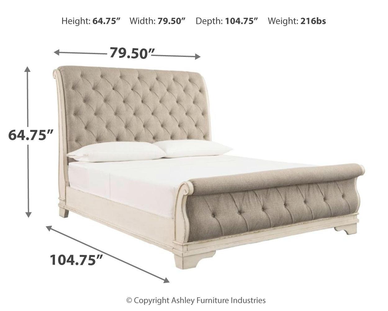 Dimension diagram showing Realyn Chipped White Queen Upholstered Sleigh Bed measurements