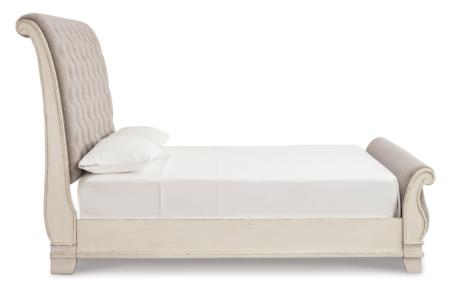 Realyn Chipped White King Upholstered Sleigh Bed full side view