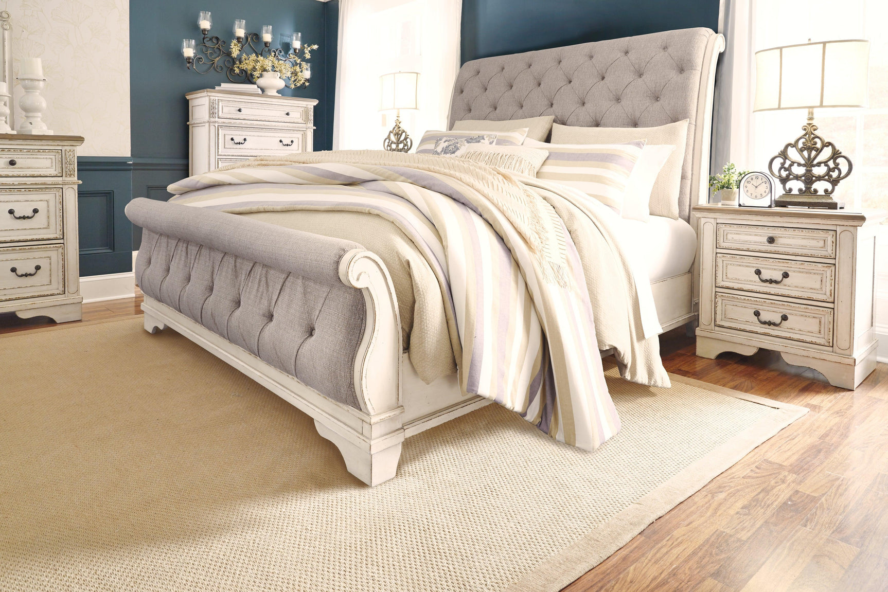 Realyn Chipped White King Upholstered Sleigh Bed room ambiance