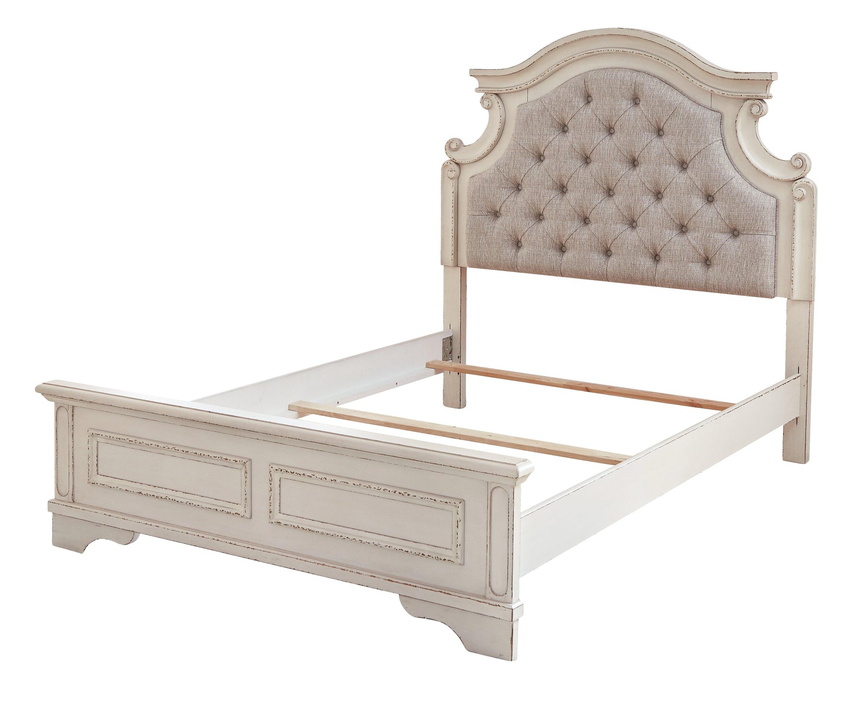 Full bed footboard with distressed chipped white finish