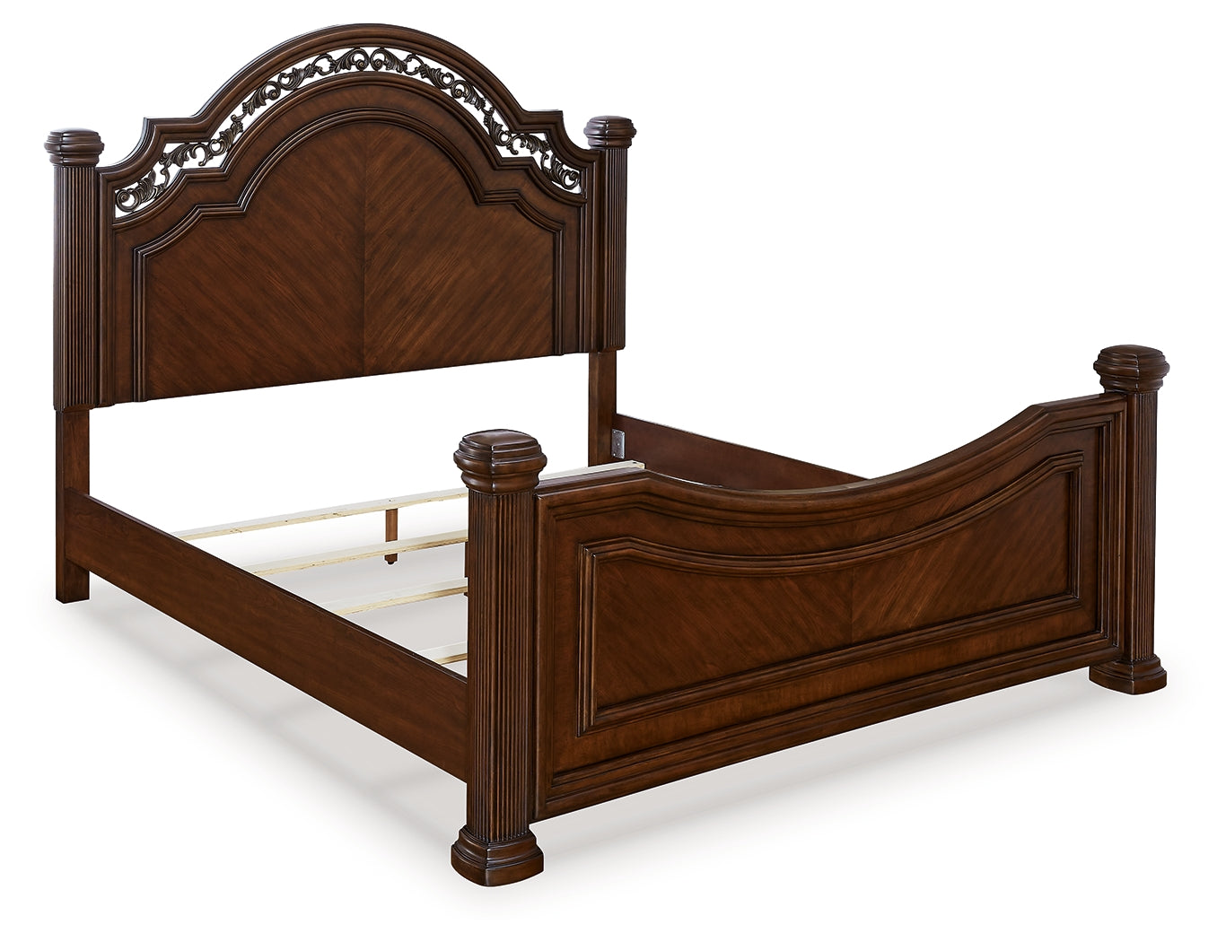 Close-up of metallic accent filigree on the Lavinton Poster Bed headboard