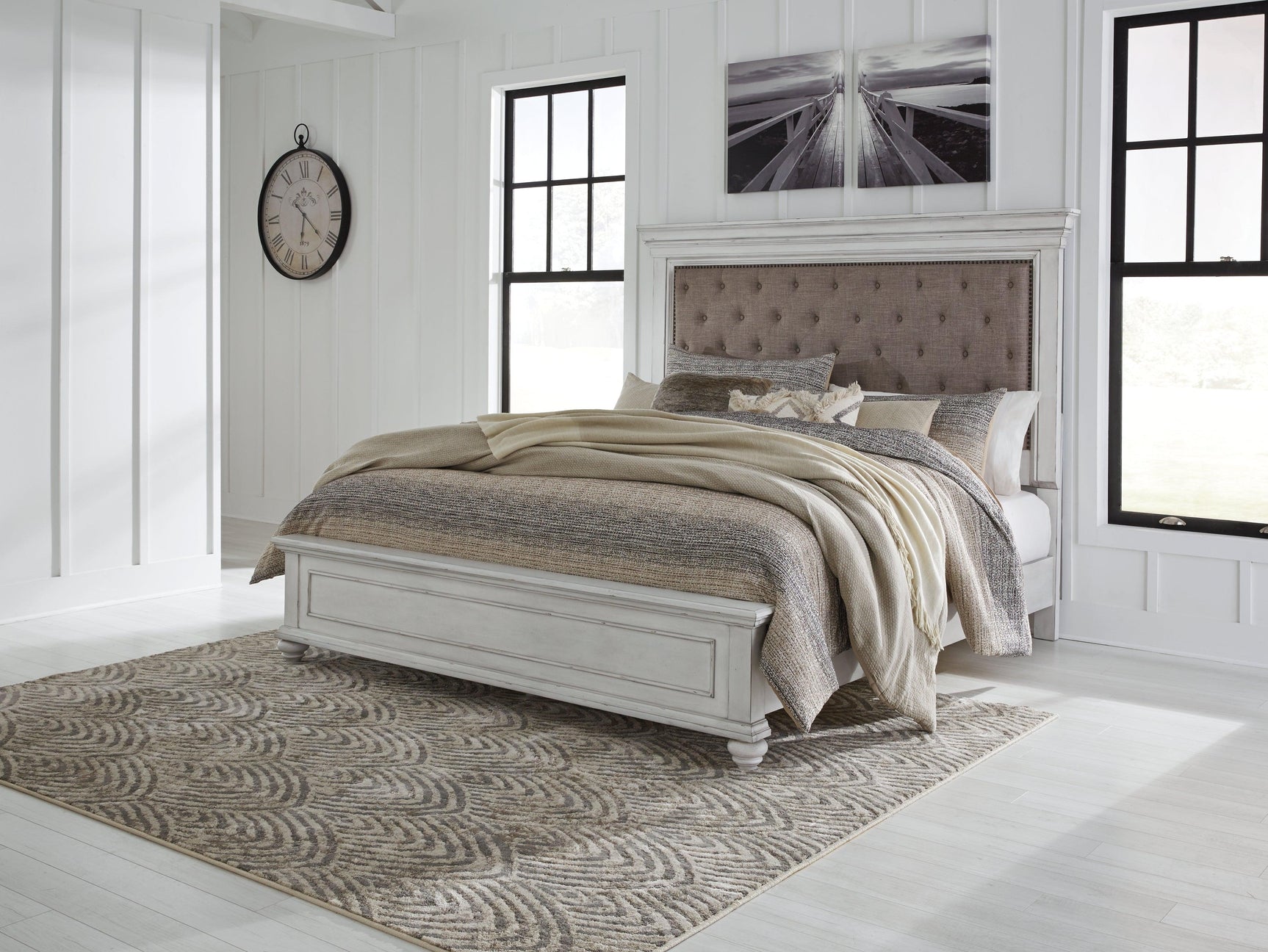 Kanwyn Whitewash King Upholstered Panel Bed Full View