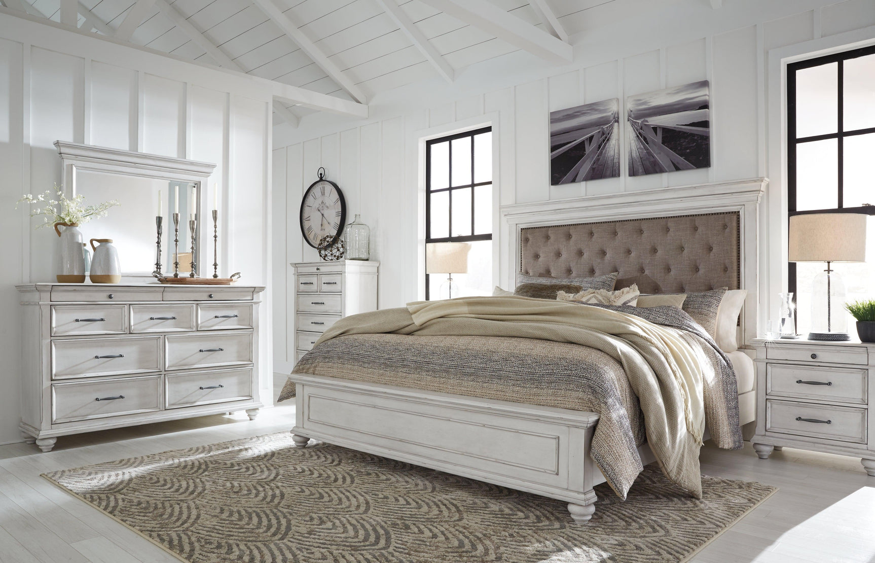 Kanwyn Whitewash King Upholstered Panel Bed Mood Setting B