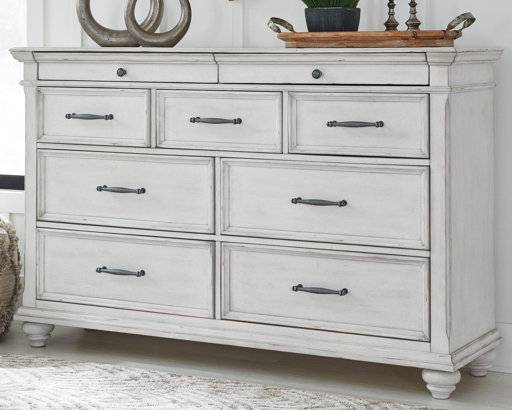 Decor styled Kanwyn Whitewash Dresser in bedroom setup