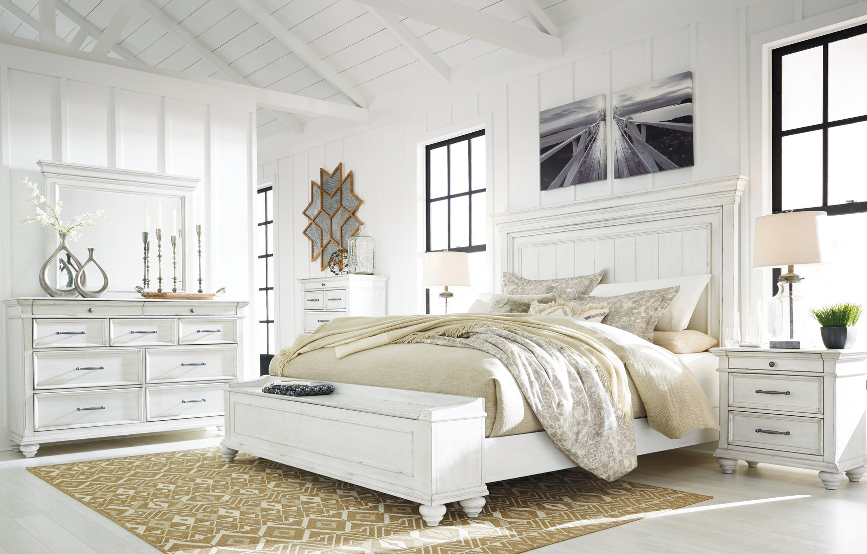 Kanwyn Whitewash King Panel Bed front angle