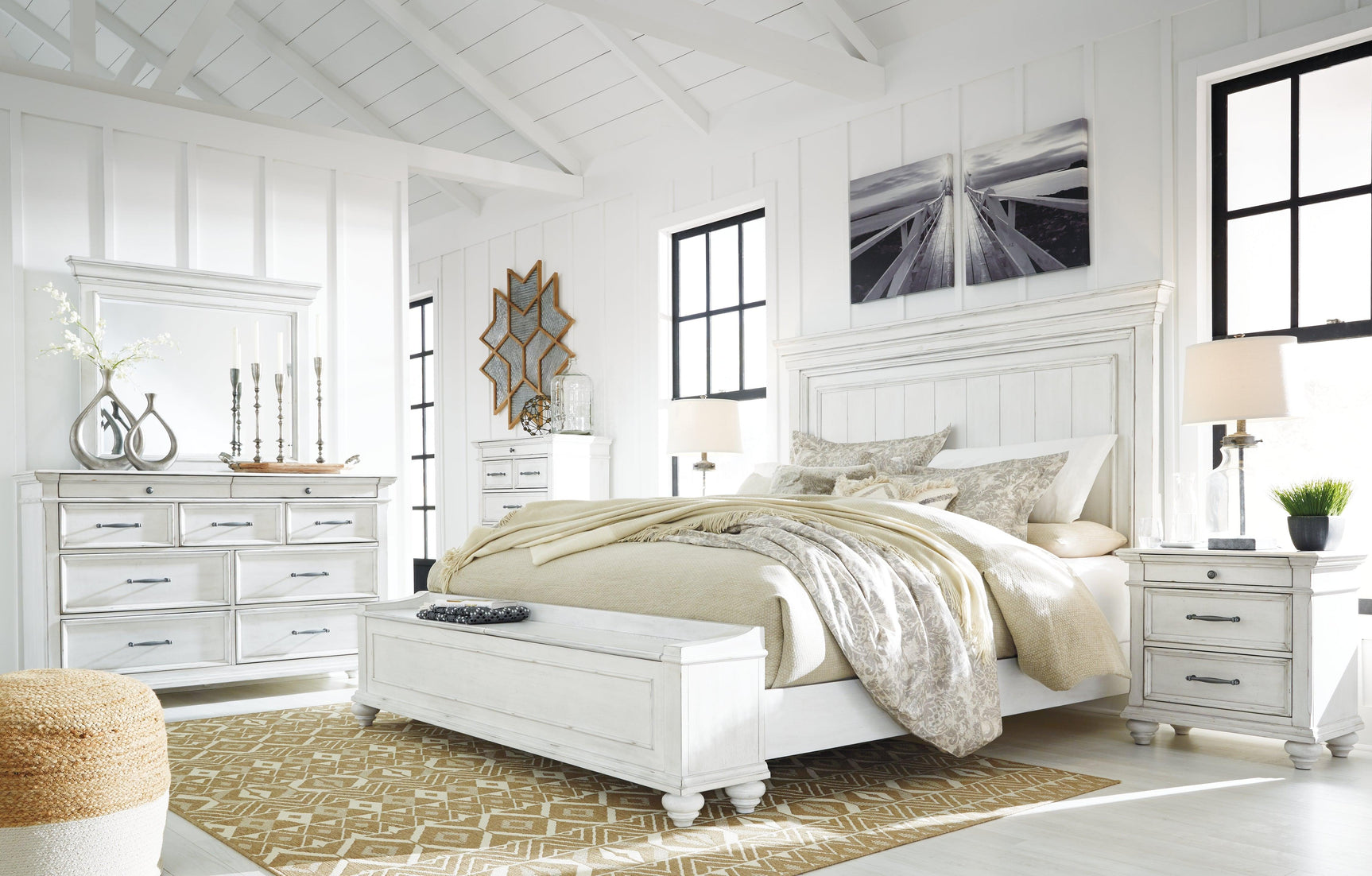 Kanwyn Whitewash King Panel Bed front angle