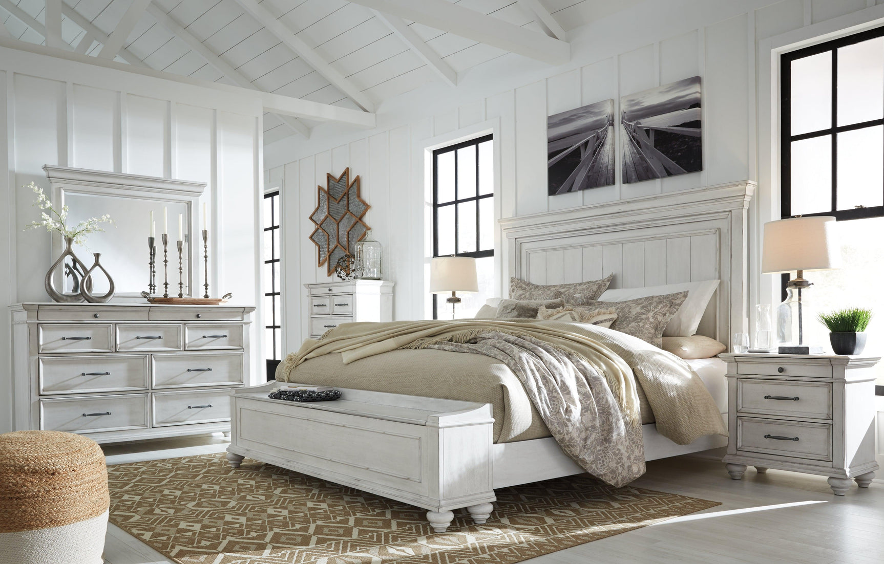 Kanwyn Whitewash Queen Panel Bed full view in room setting