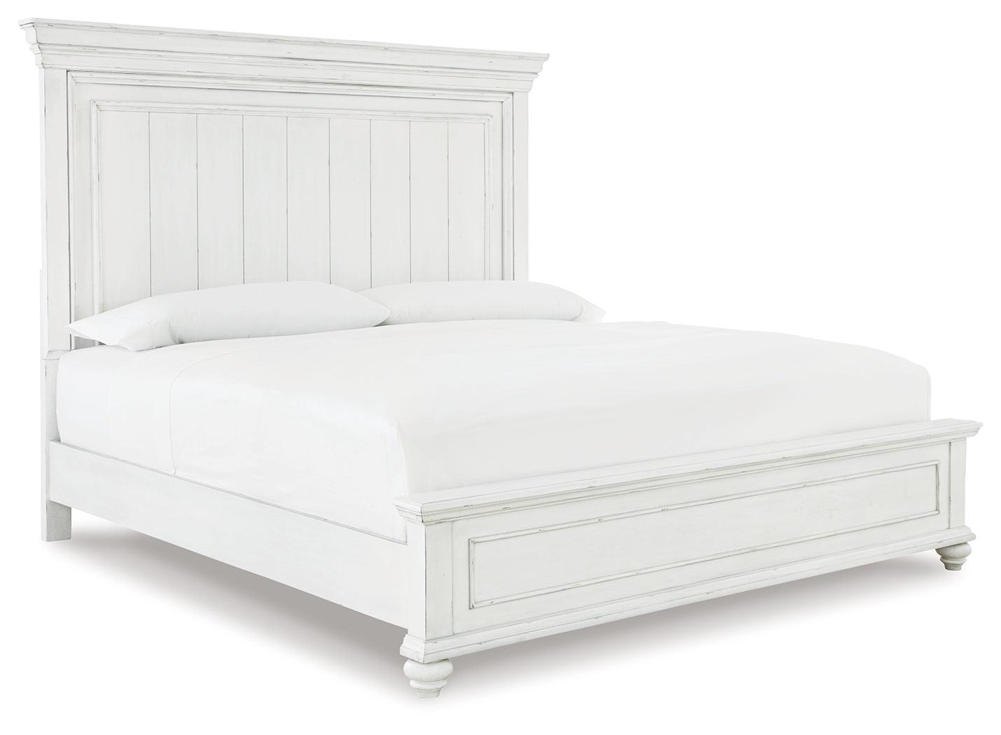 Close-up of Kanwyn King Panel Bed whitewashed wood slatted headboard