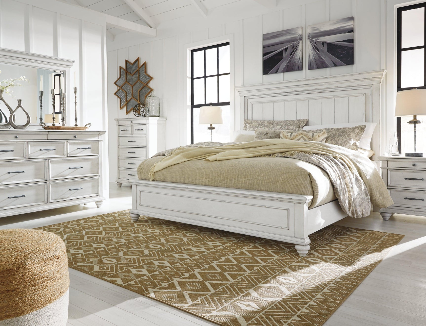 Kanwyn Whitewash King Panel Bed front angle