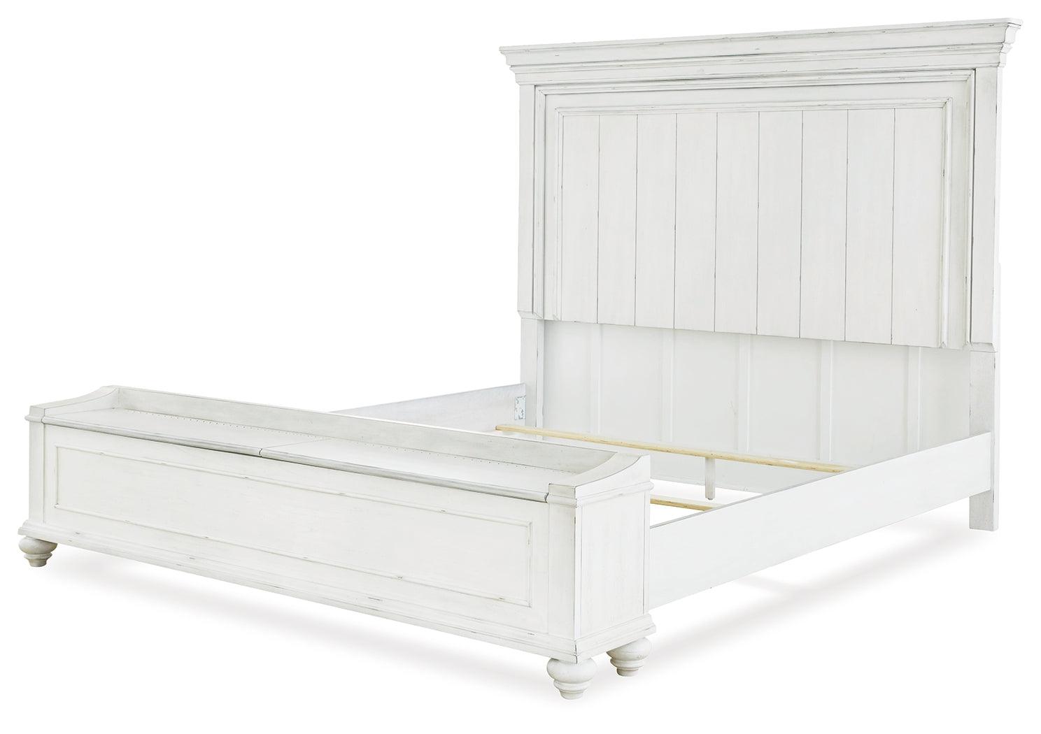 Kanwyn Whitewash Queen Panel Bed with lift-top storage bench open