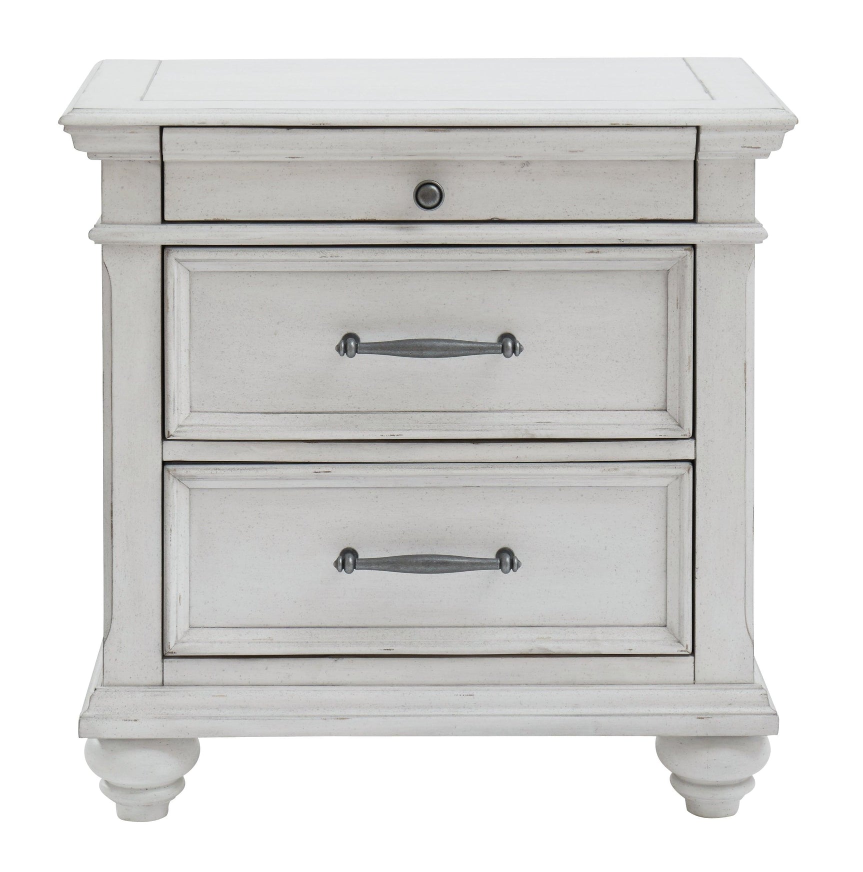 Kanwyn Whitewash Nightstand front detail with hardware