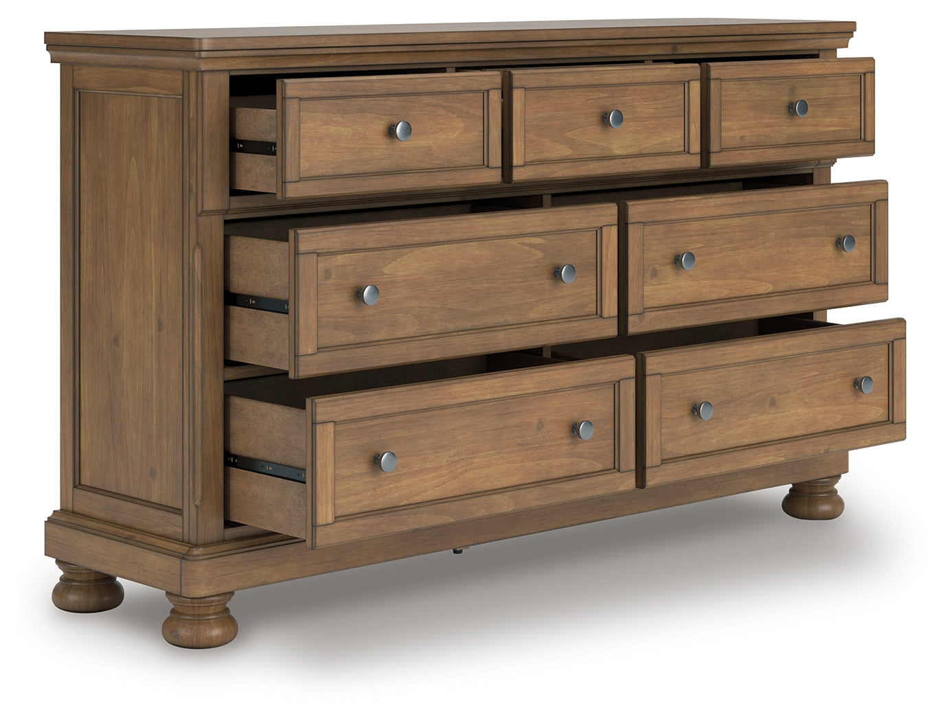 Feddinger medium brown dresser open drawer perspective