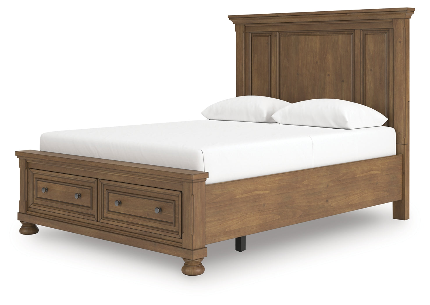 Feddinger queen panel storage bed with footboard storage drawers open
