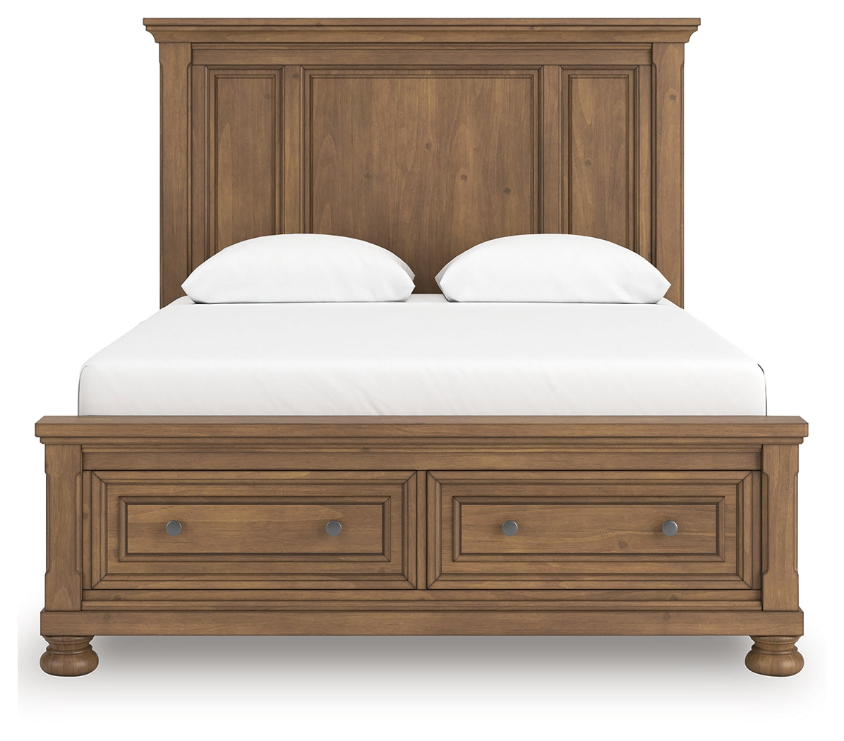 Head-on view of Feddinger queen panel storage bed