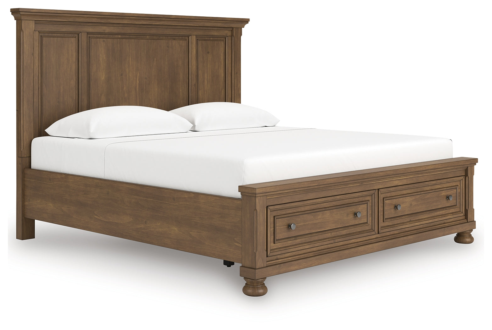 Feddinger bed front angle showing metal knobs