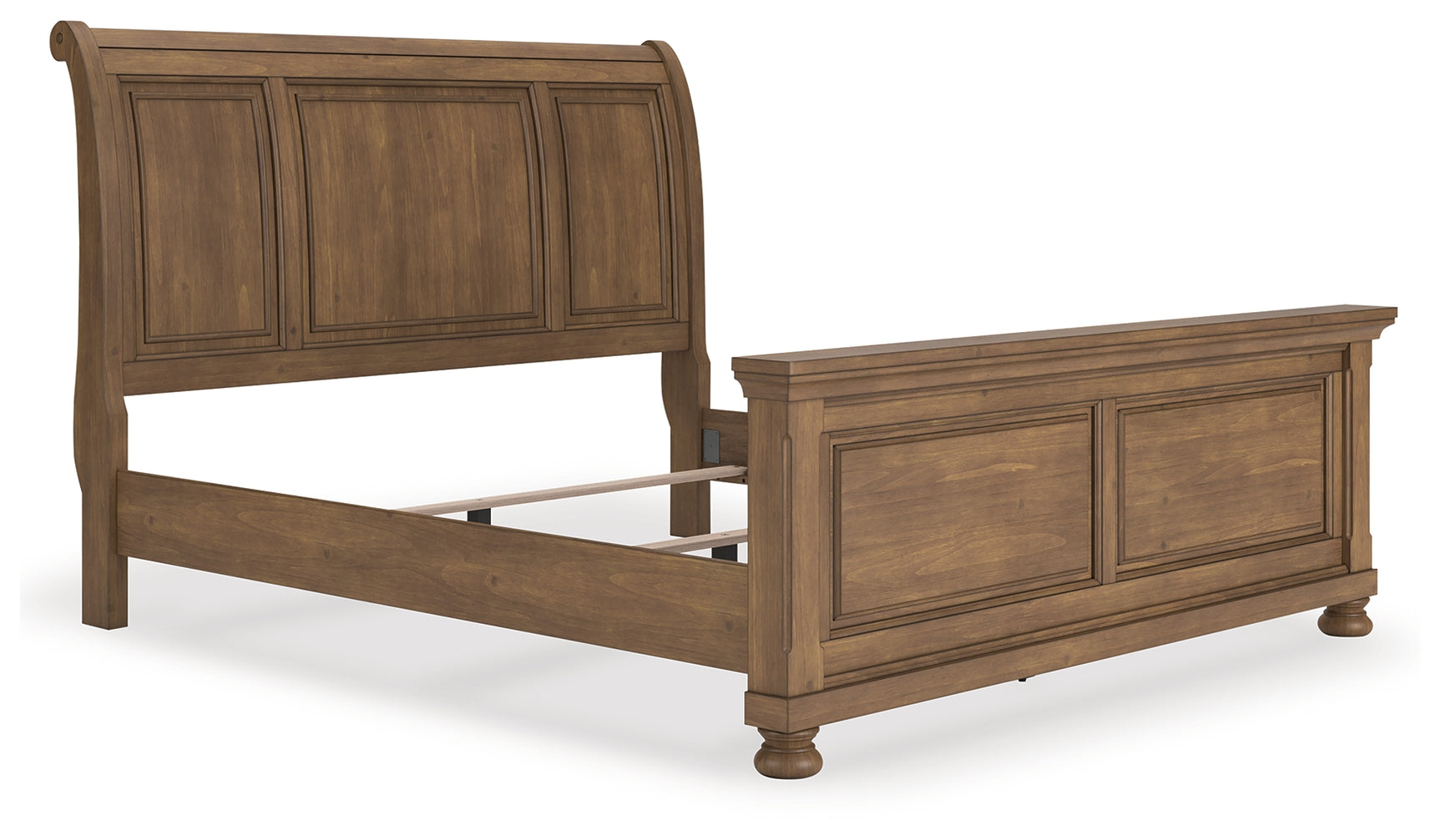Feddinger king size sleigh bed in medium brown, angled front view