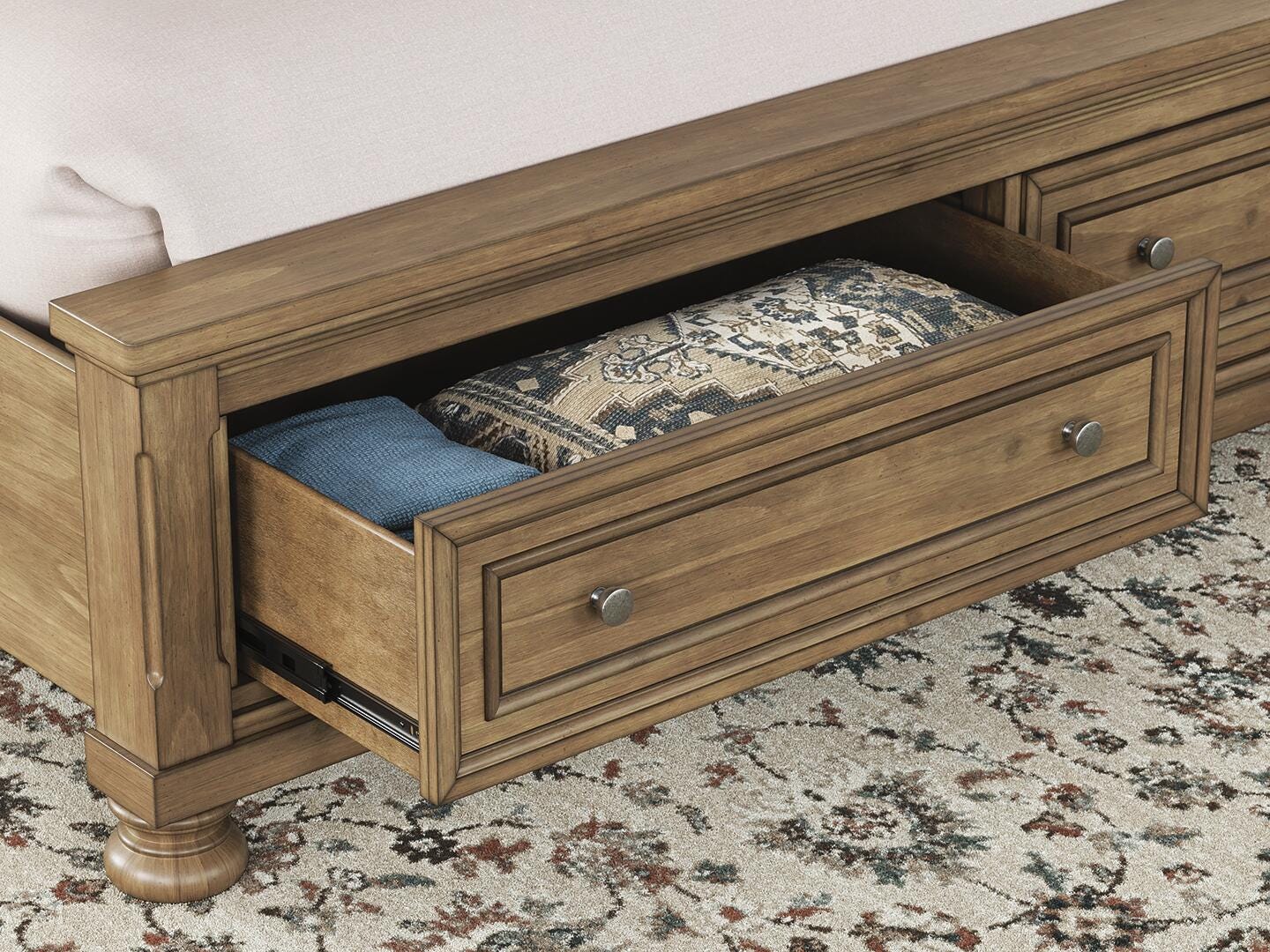 Feddinger Medium Brown Storage Sleigh Bedroom Set King 3: Bed, Dresser, Mirror from Decor Furniture