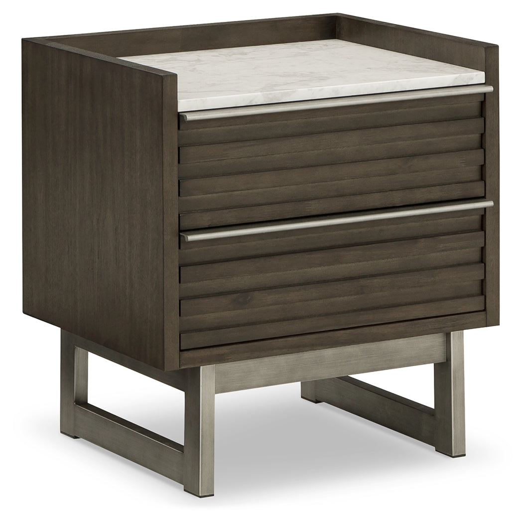 Arkenton nightstand side angle showing metal base and drawer detail