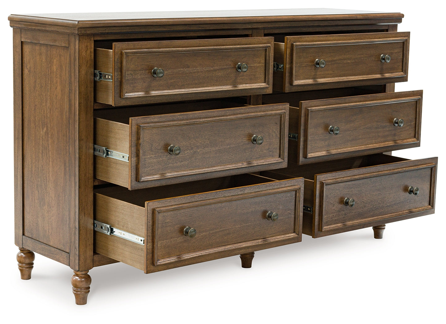 Sturlayne Brown Dresser angled with open drawer