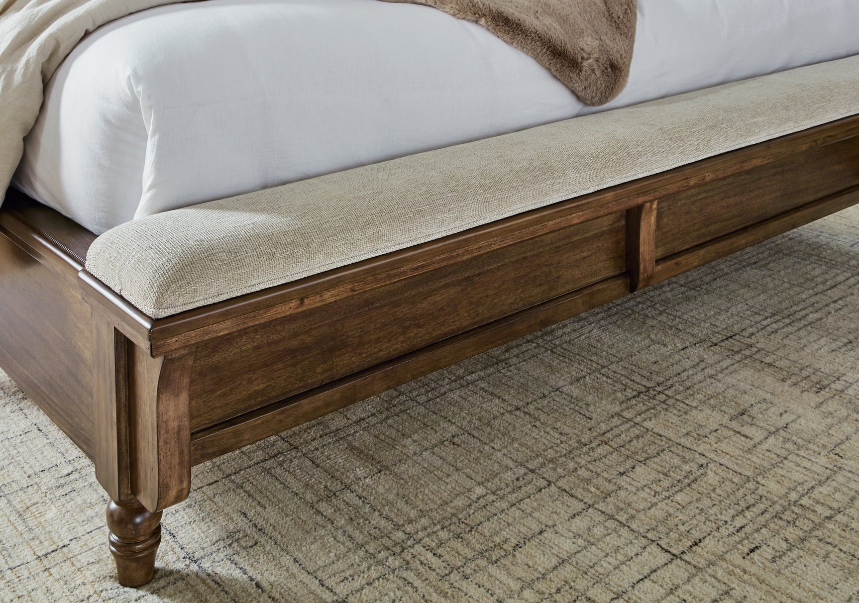 Bench footboard upholstery close-up