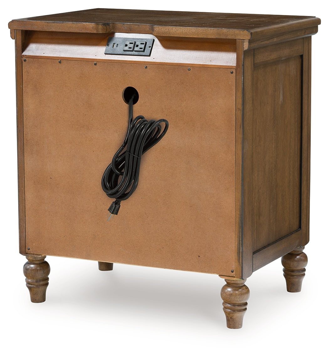 Close-up of USB-A and USB-C charging ports on Sturlayne nightstand