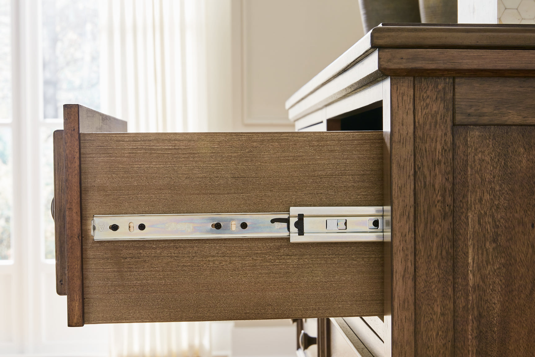 Close-up of rich brown finish on Sturlayne Chest