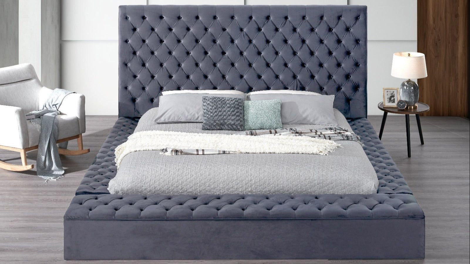 Close-up of Catalina Gray tufted headboard with storage panels